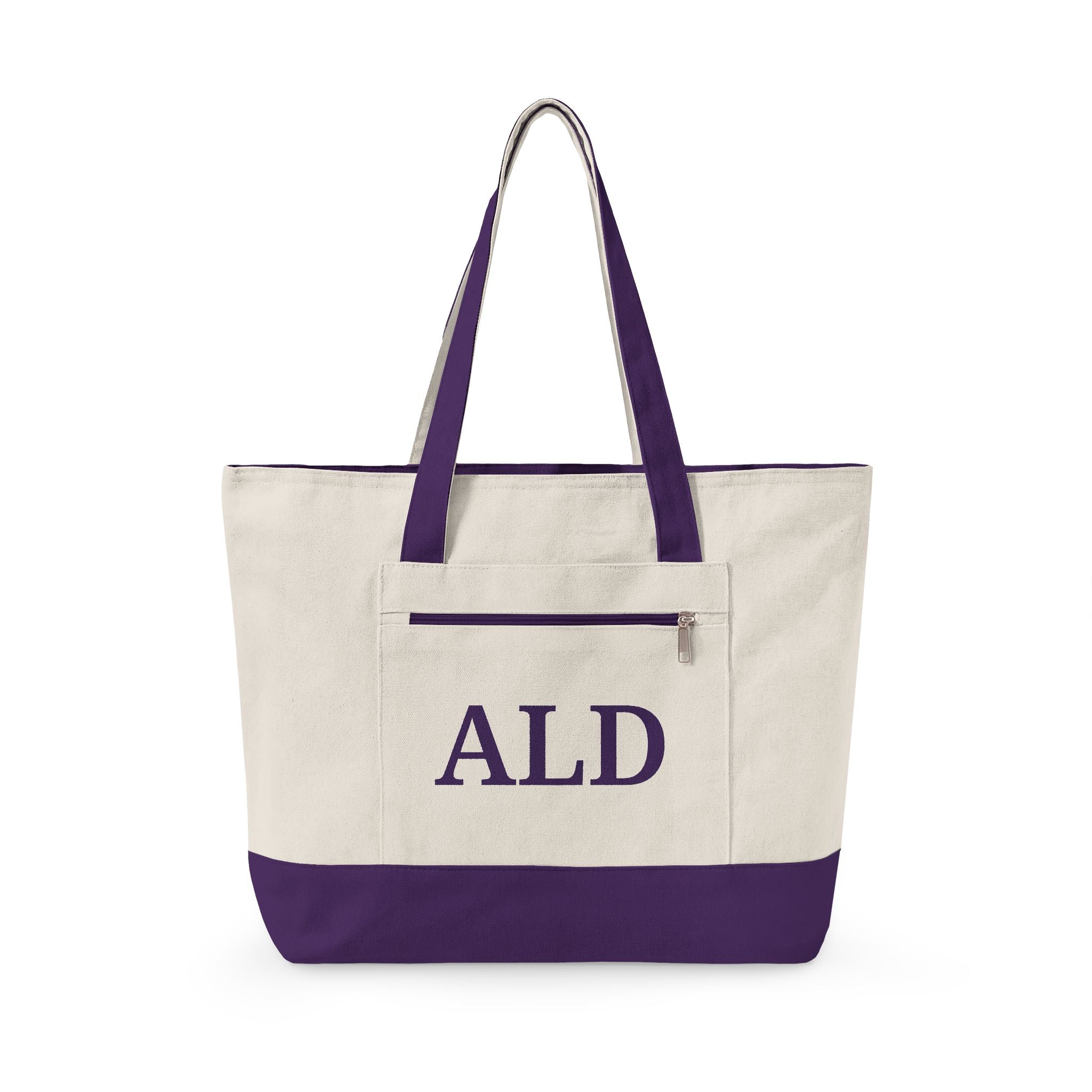 Monogram Canvas Tote Bag – Zippered Canvas Tote with Front Pocket (Personalized ALD)
