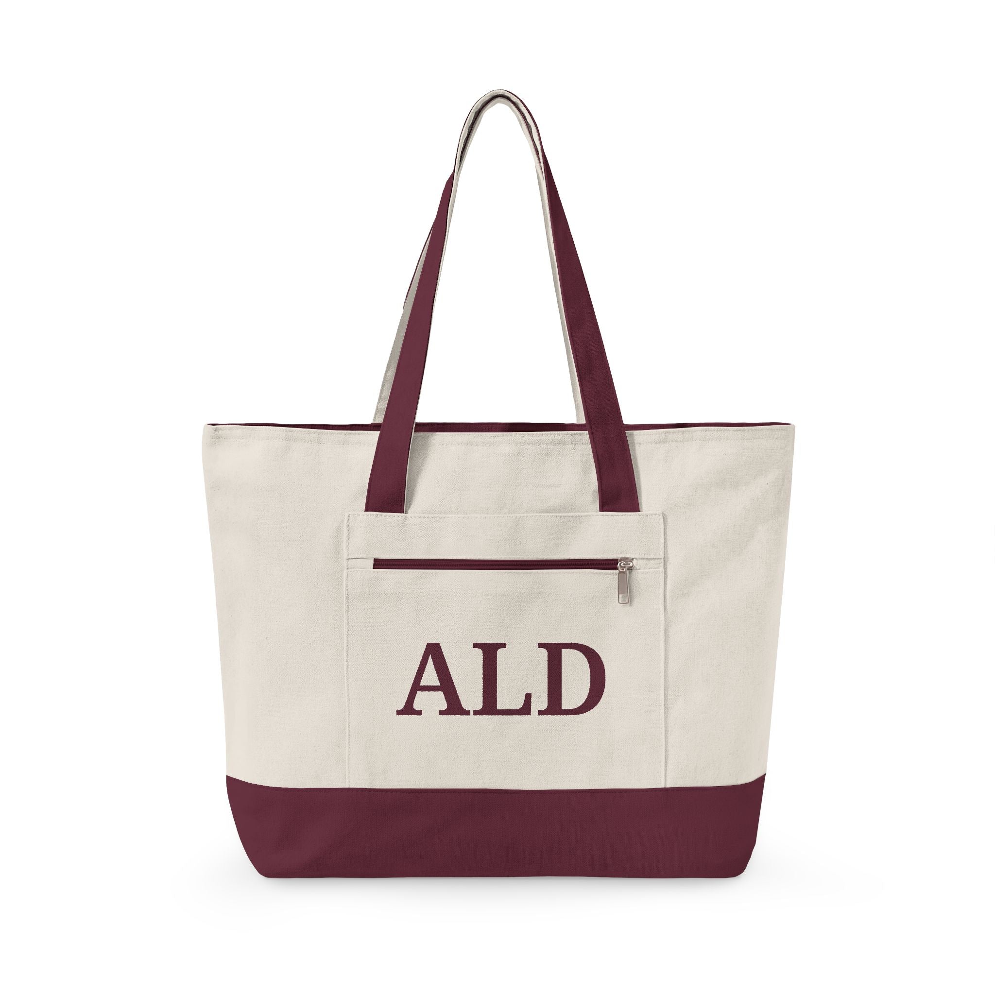 Monogram Canvas Tote Bag – Zippered Canvas Tote with Front Pocket (Personalized ALD)