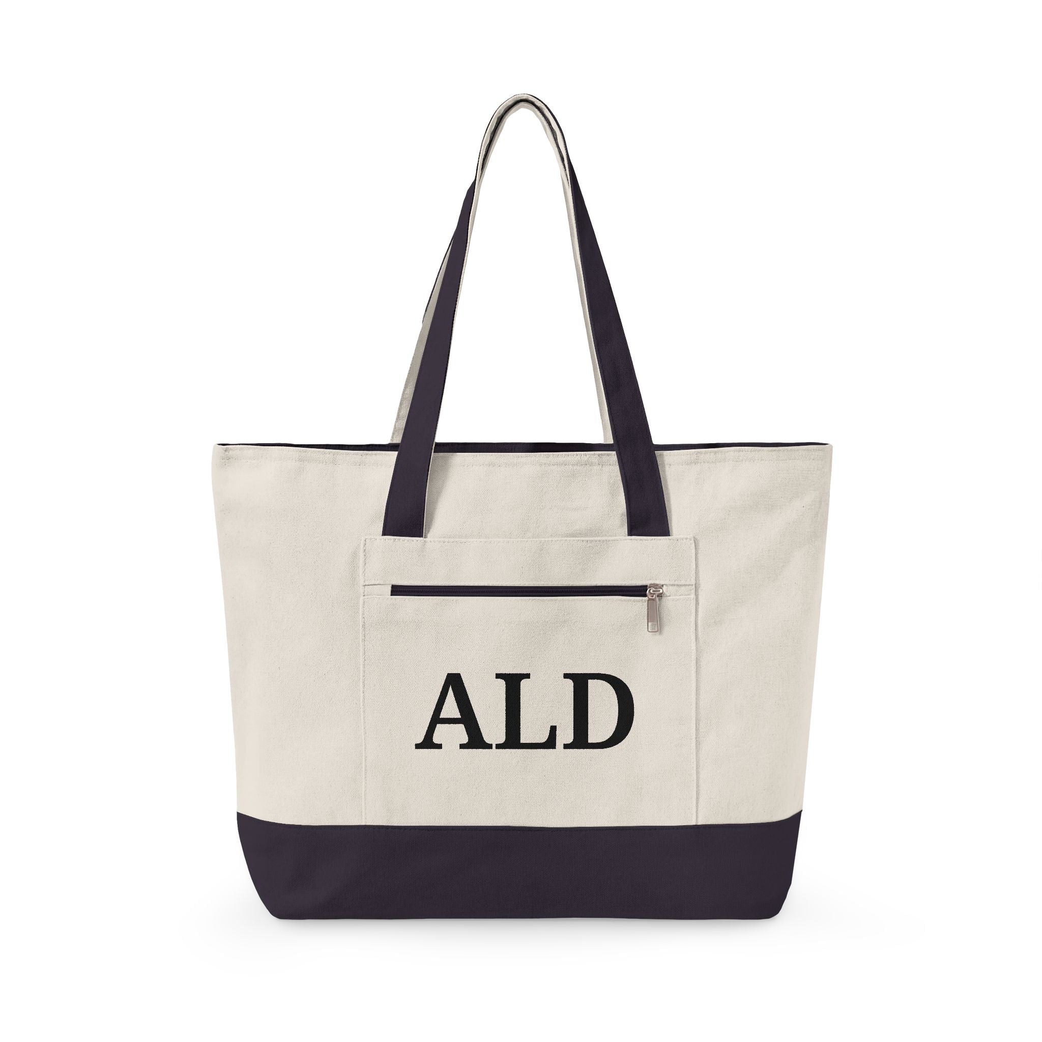 Monogram Canvas Tote Bag – Zippered Canvas Tote with Front Pocket (Personalized ALD)