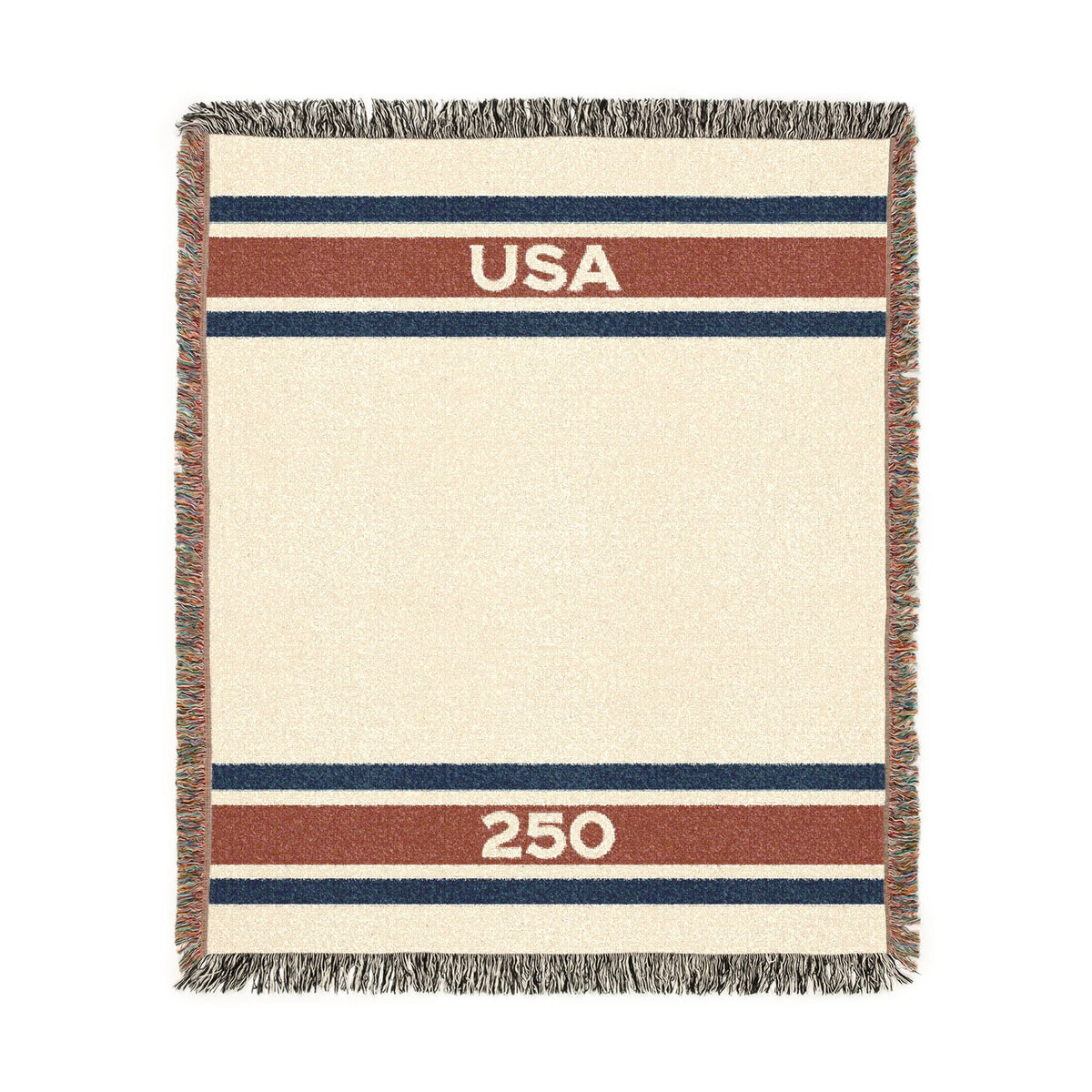 A rectangular woven throw blanket with fringed edges, featuring a cream center, vertical navy and rust-brown side stripes, and the words 'USA' and '250' printed in cream.