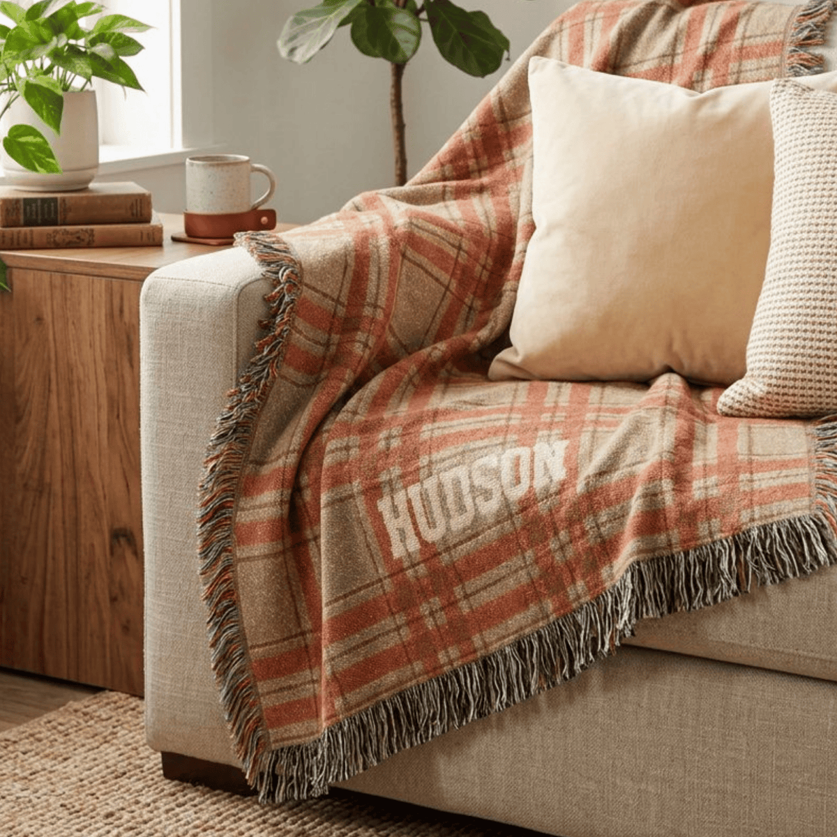 Personalized Plaid Woven Blanket — Custom Name Throw for Cozy Home, Cabin, or Gift